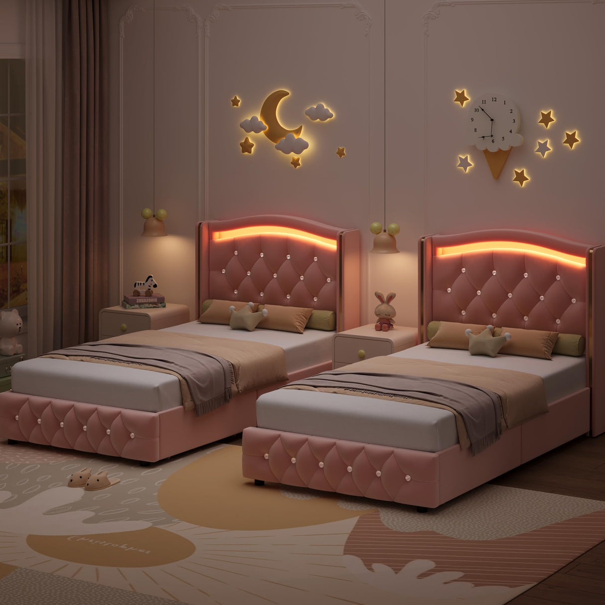 HIFIT Upholstered Twin LED Bed Frame with Crystal Button-Tufted Headboard and 4 Storage Drawers, Velvet Princess Twin Size Platform Bed Frames for Kids/Girls, No Box Spring Needed, Easy Assembly, Pink HIFIT