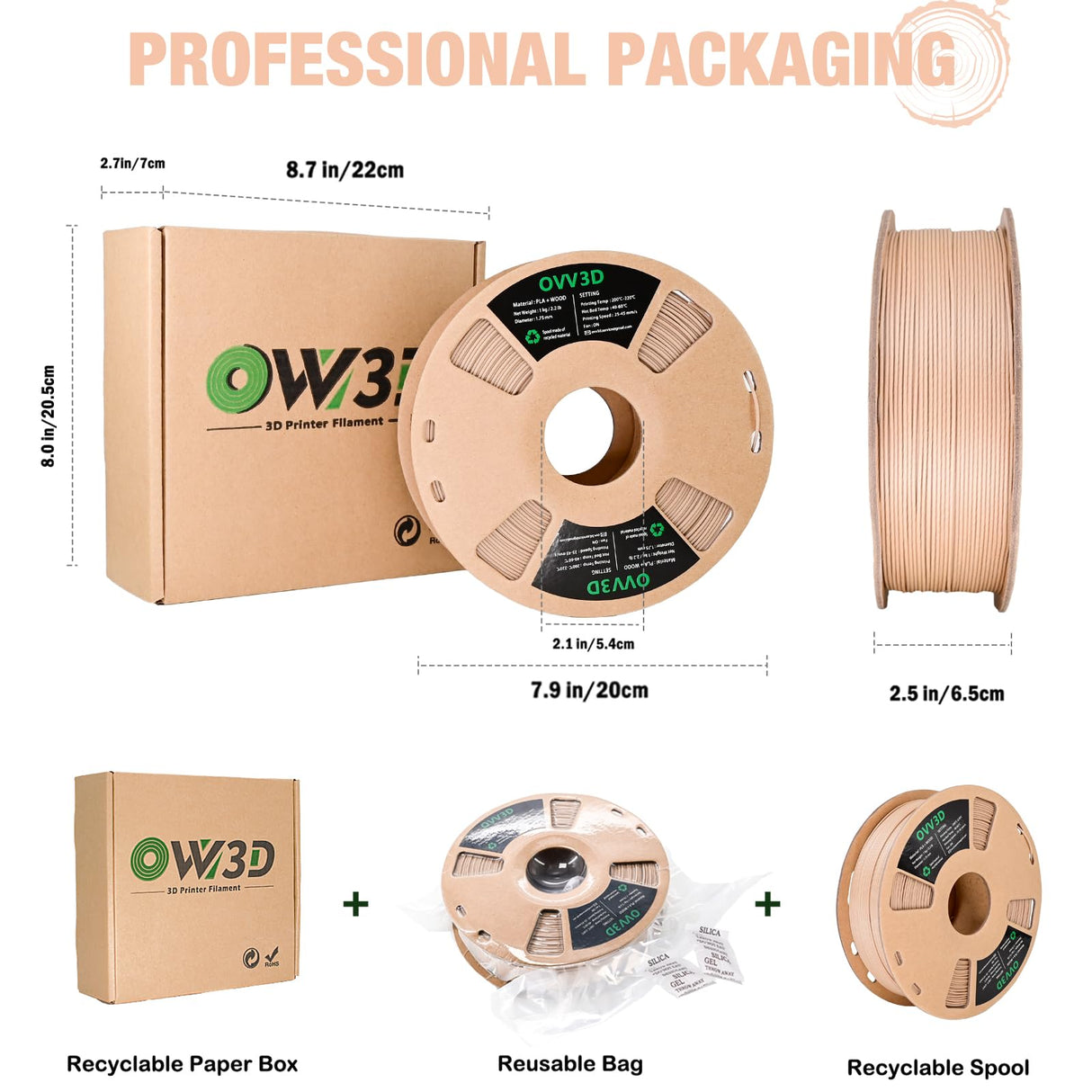 OVV3D Wood PLA Filament 1.75mm, 3D Printer Filament, White Oakwood PLAFilament More Than 30% Real Wood Fiber, Matte and Frosted, 1.75 PLA 3D Printing Filament, 1kg OVVNYXE