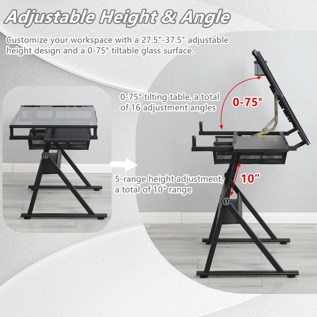 Roockky Drafting Table, 0-75° Tilting Glass Tabletop Drawing Table with Stool - Adjustable Height Art Desk with Multi-Storage for Sketching and Painting - Perfect for Artists and Hobbyists, Black Roockky
