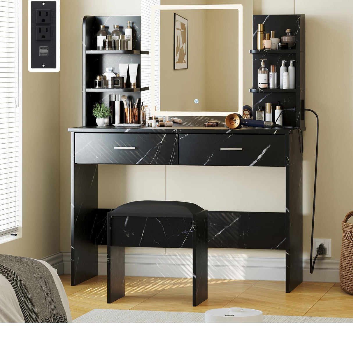 Vanity Desk with Lighted Mirror, Makeup Vanity Set with Power Outlet, Cushioned Stool, Vanity Table with 6 Storage Shelves, 2 Large Drawers and 3 Color Light Adjustable Brightness, Marble Black Patikuin