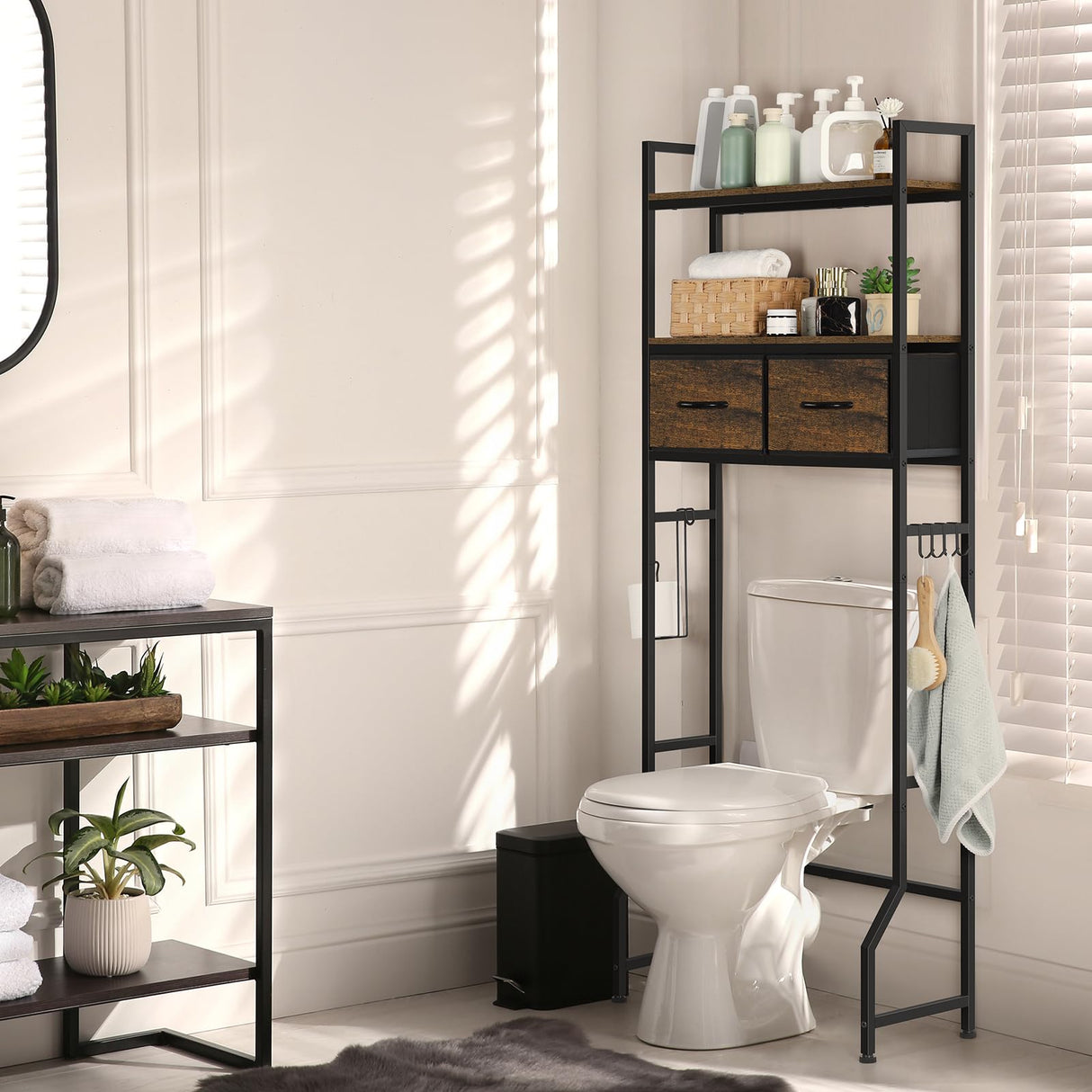 ETELI Over The Toilet Storage Cabinet with Fabric Drawers Bathroom Storage Over Toilet Fit Most Toilets, Rustic Brown ETELI