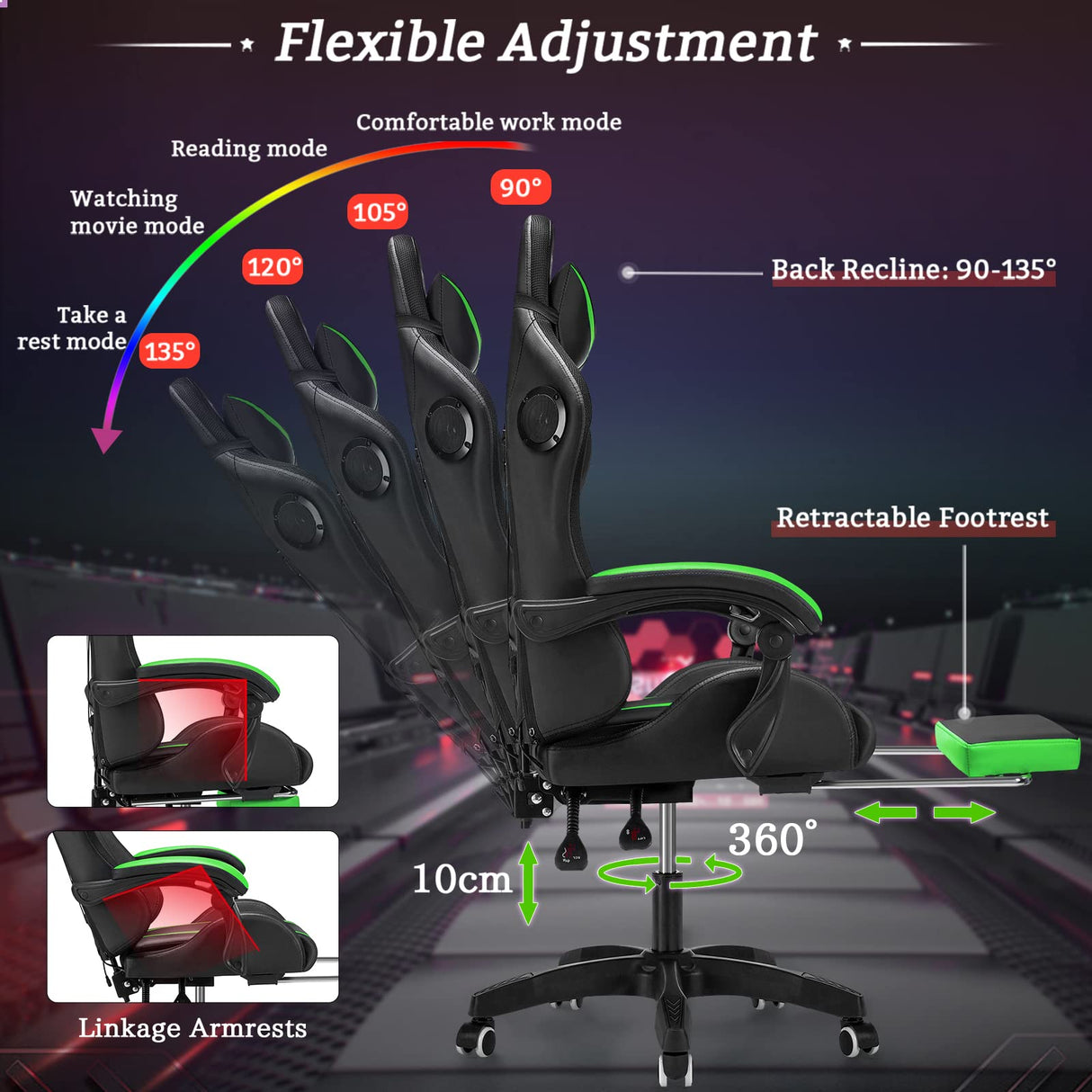 Gaming Chair with Bluetooth Speakers and RGB LED Lights Ergonomic Massage Computer Gaming Chair with Footrest Video Game Chair High Back with Lumbar Support Light Green and Black VANSPACE