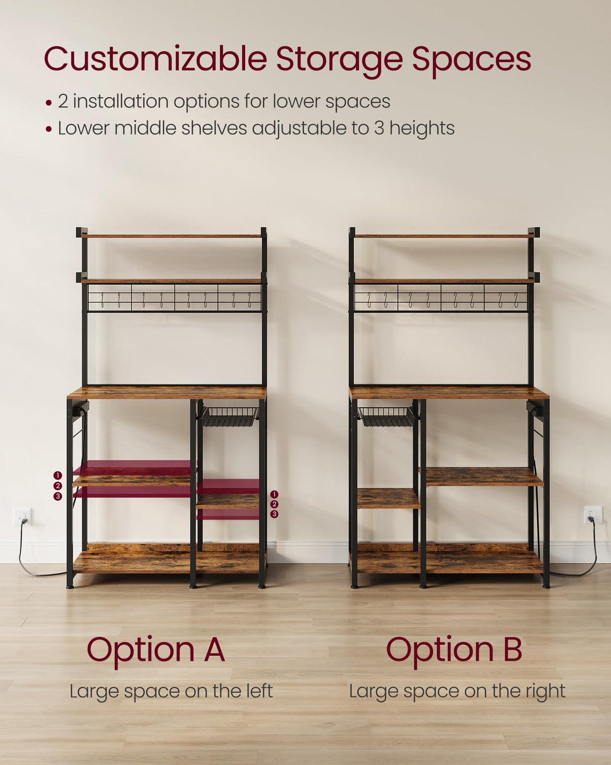 VASAGLE Bakers Rack with Power Outlet, 35.4 Inches Microwave Stand, Coffee Bar, 4 AC Outlets, with Adjustable Shelves, 8 S-Hooks, Basket, Spice Racks, Rustic Brown and Ink Black UKKS031K01 VASAGLE