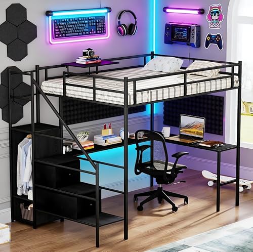 Bellemave Full loft Bed with Storage Stairs, Wardrobe, Shelves, Metal Full Loft Bed Frame with L-Shaped Desk for Adults, Kids, Teens, Black with Charging Cradle Bellemave