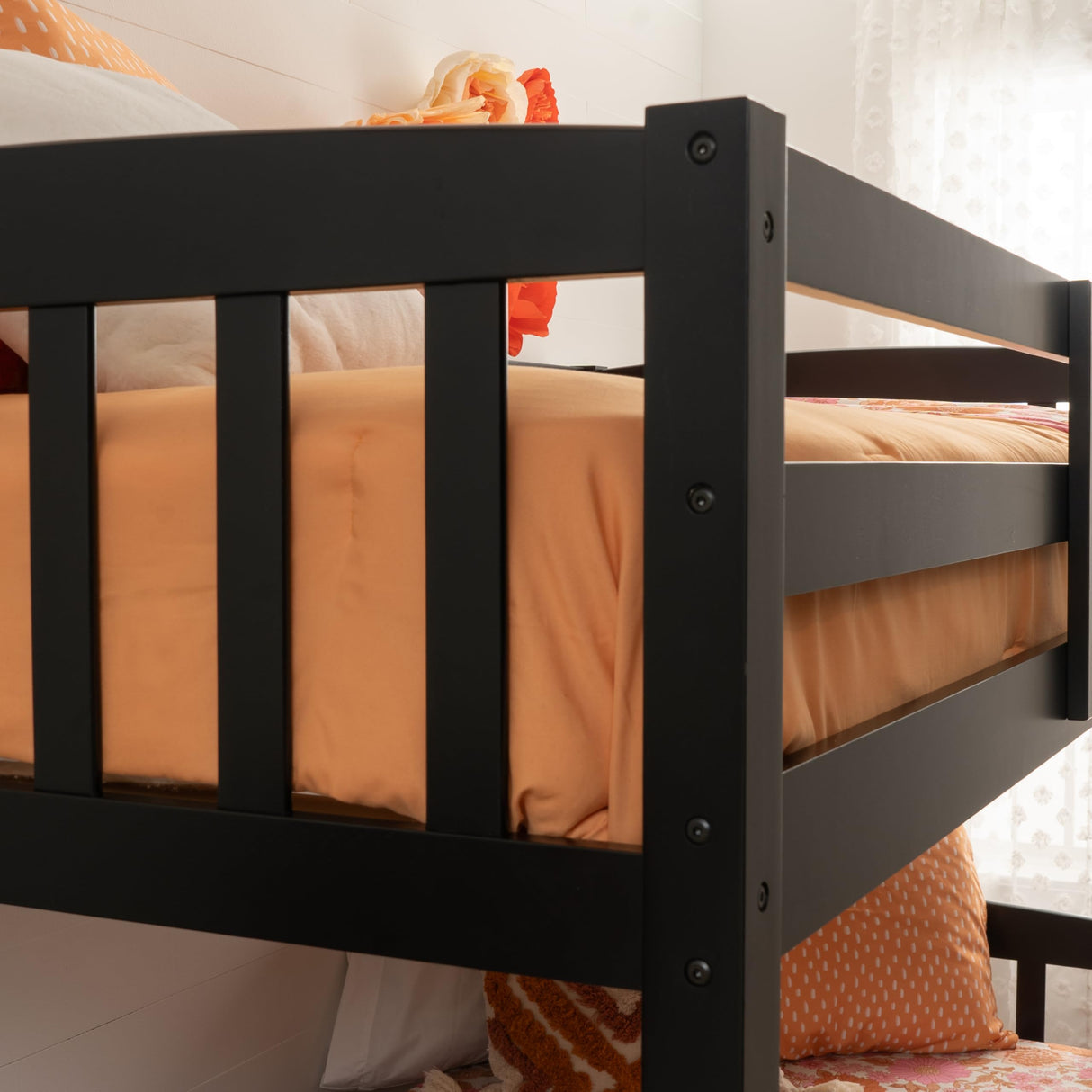 Linon Howell Black Solid Wooden Twin Over Twin Bunk Bed with Ladder Linon