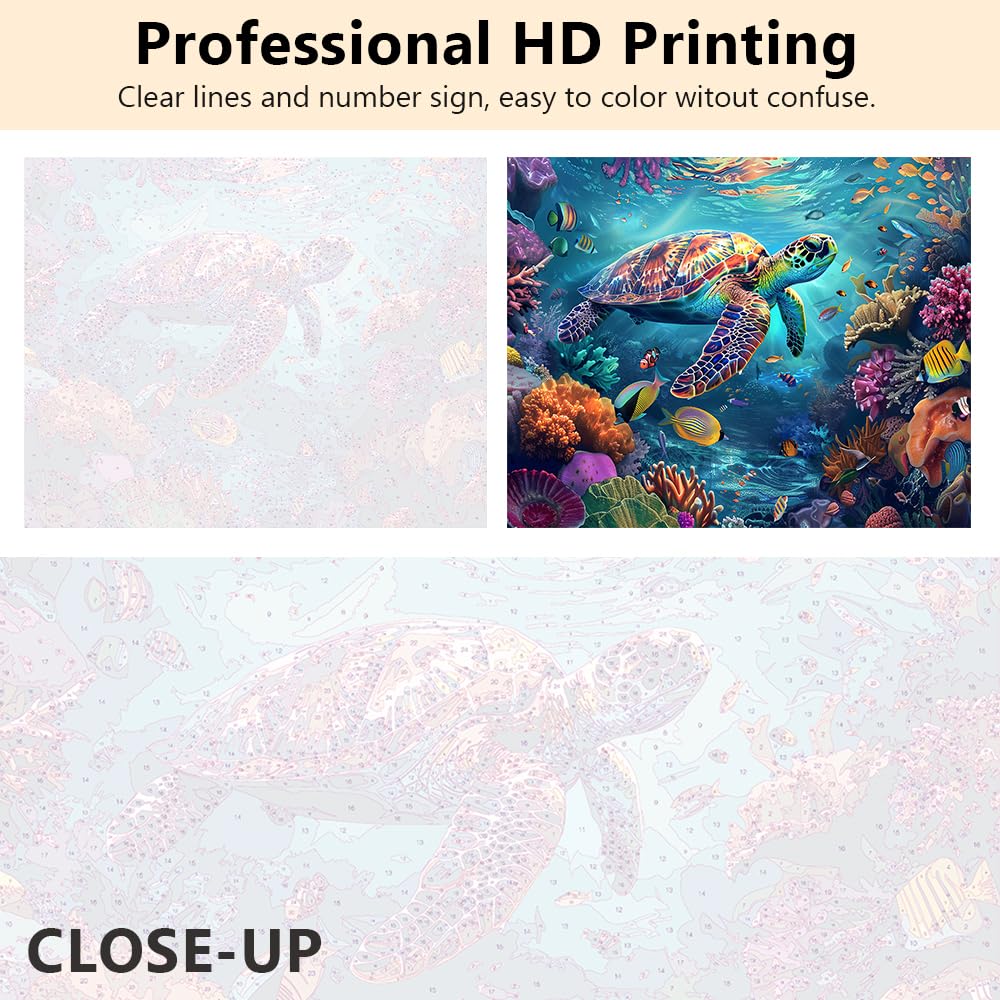 Adults Paint by Numbers Happy Sea Turtle in Vibrant Coral Reef Art Kit with Tropical Fish Ocean Life DIY Canvas Painting for Home Decor Stress Relief 16x20 Inch TUMOVO