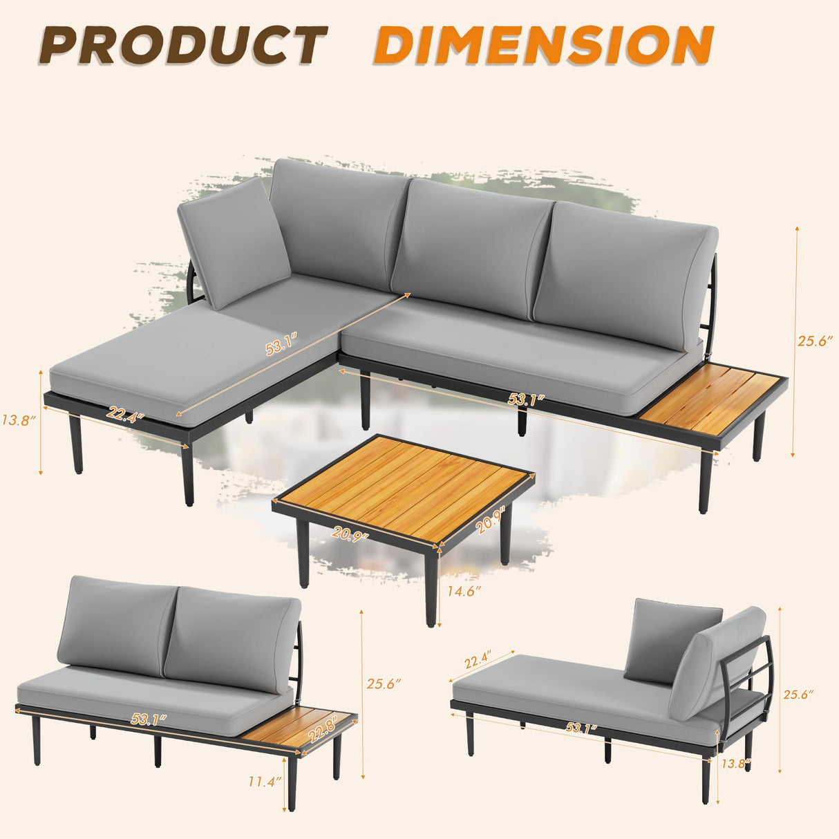 Devoko Outdoor Sectional Furniture Patio Sectional Sofa with Acacia Wood Table, Patio L-Shaped Conversation Set with All-Weather Cushion for Patio,Garden,Backyard(Gray) Devoko
