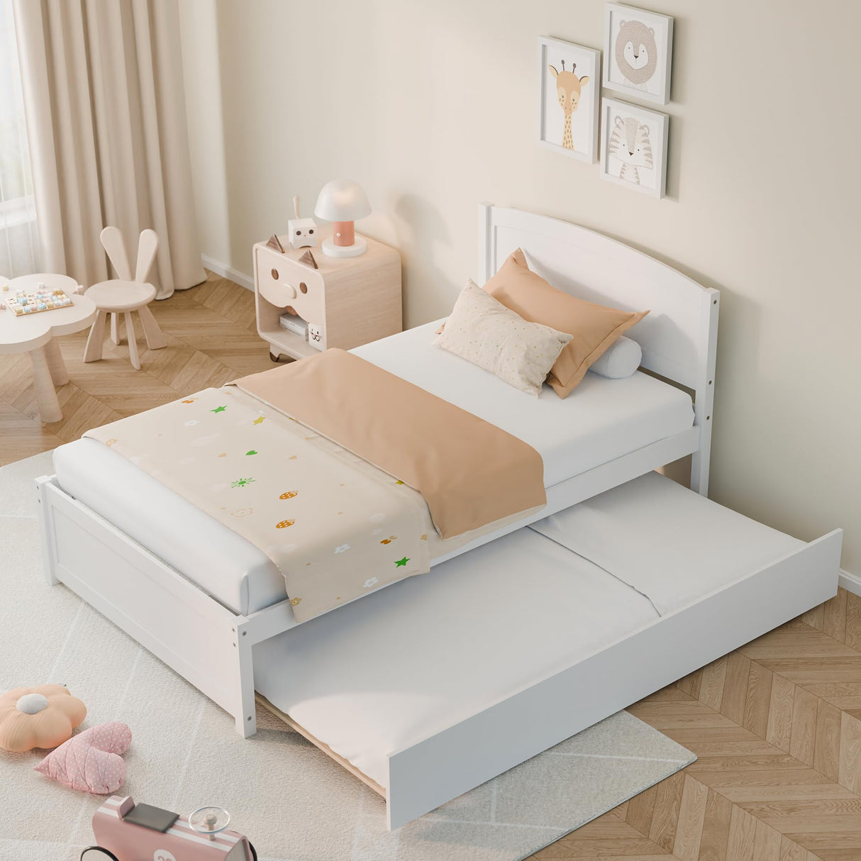 Xilingol Trundle Bed Twin, Solid Wood Bed Frames with Headboard and Wooden Slats Support, Twin Trundle Bed Frame Roll Out, Single Box (No Box Spring Needed), White Xilingol