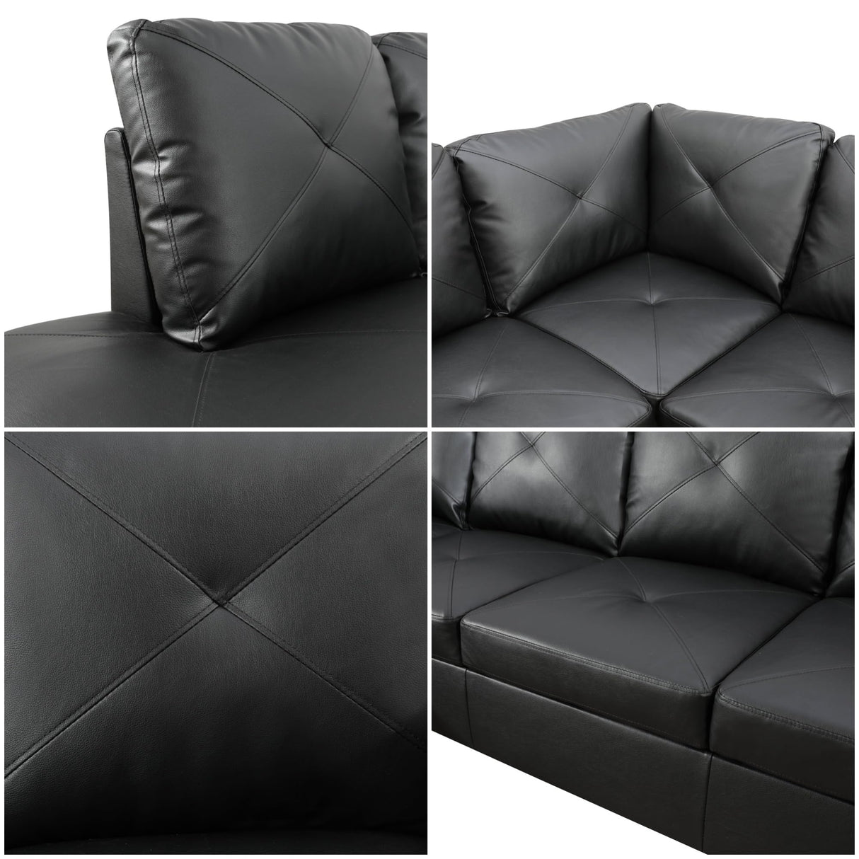GlasFlength L Shaped Sectional Couches, Modern Convertible Lounge Leather Sofa with Ottoman Storage, Comfy Modular Sectional Sofa for Living Room Furniture Sets, Small Spaces, Black GlasFlength