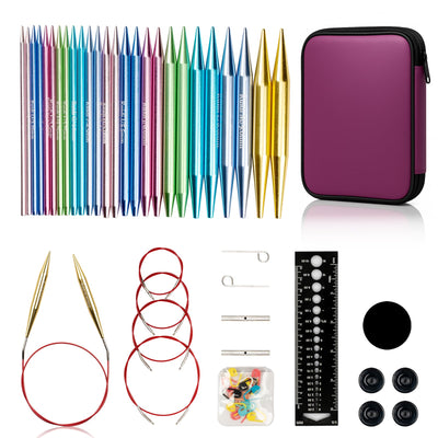Ruidi Interchangeable Aluminum Circular Knitting Needles Set - 13 Pairs of 4 Inch (10cm) Needles with 4 Cables, Needle Holders & Leather Bag - Perfect for Smooth Knitting & Versatile Projects