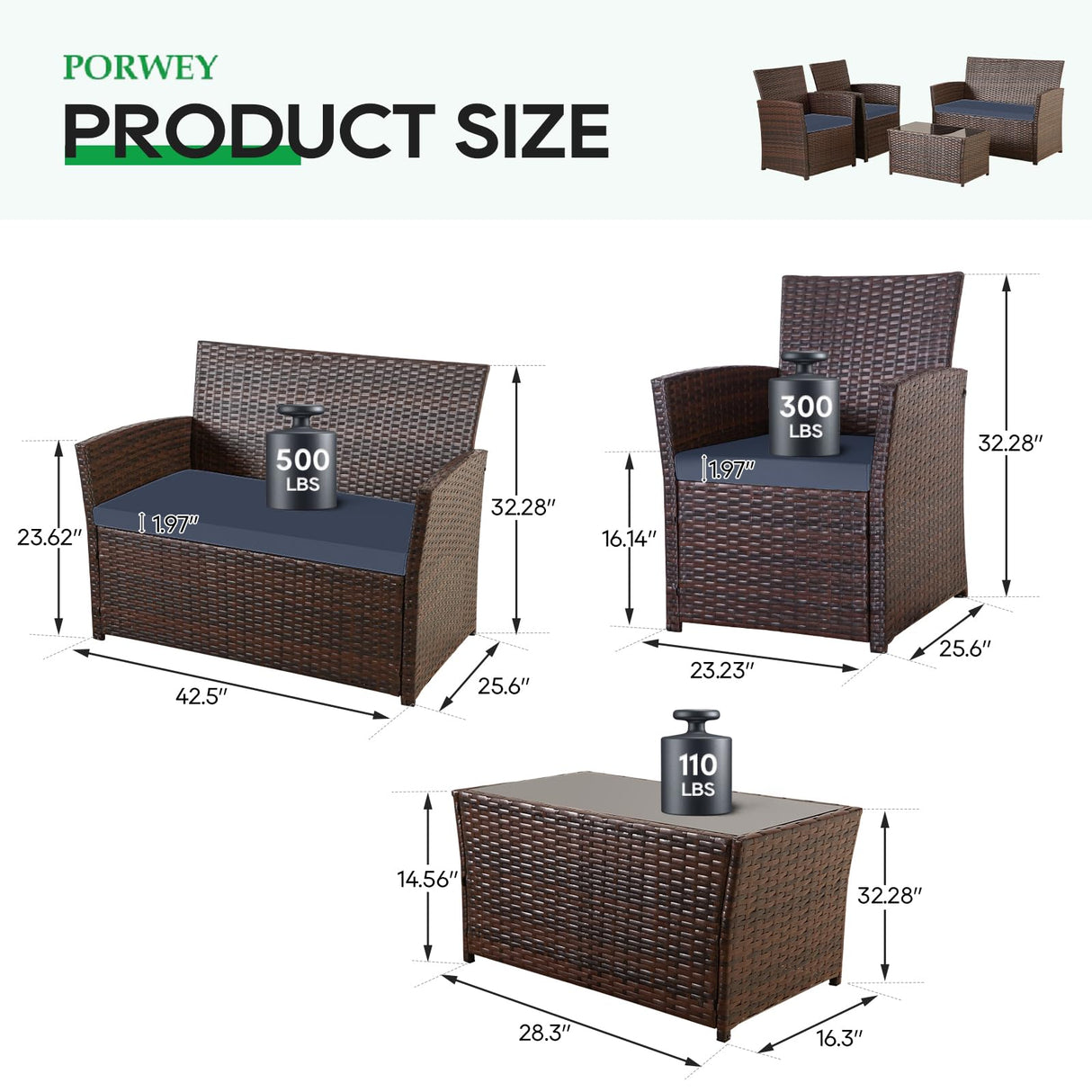 PORWEY Patio Outdoor Furniture 4 Pieces Sectional Sofa Set Balcony Furniture Wicker Rattan Chairs with Table and Loveseat for Garden, Porch, Backyard, Brown Wicker/Blue Cushion PORWEY