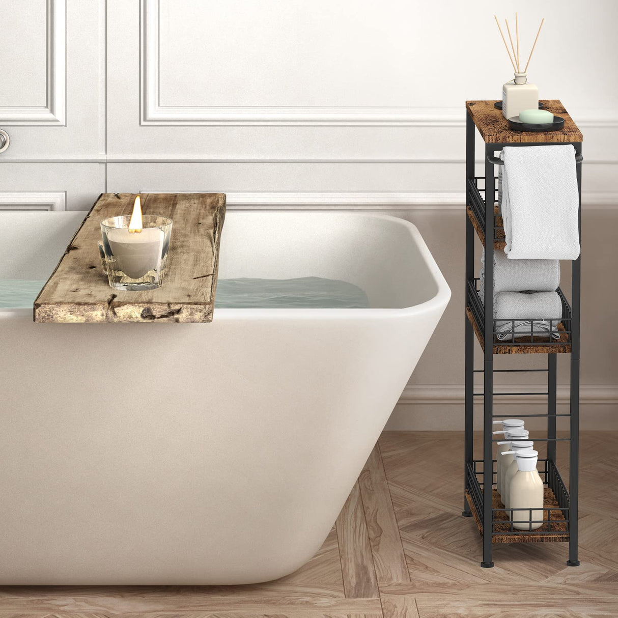 Slim Storage Cart Rolling Kitchen Cart with Wheels Narrow Laundry Storage Utility Cart 4 Tier Bathroom Mobile Shelving Unit Organizer with Wood Tabletop Trolly Cart with Handle for Small Spaces, Brown NORCEESAN