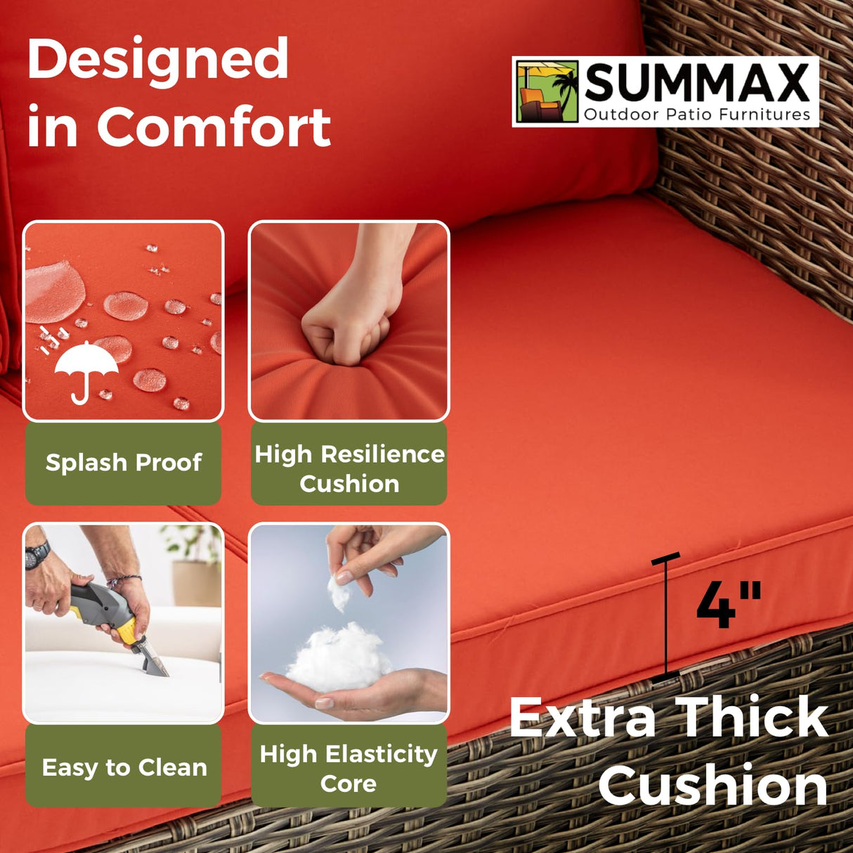 9 Pieces Patio Furniture Sets All Weather Reinforced Wicker Rattan Sectional Sofa with Metal Top Coffee Table Outdoor Furniture Conversation Set for Porch, Poolside, Garden, Backyard, Red Summax