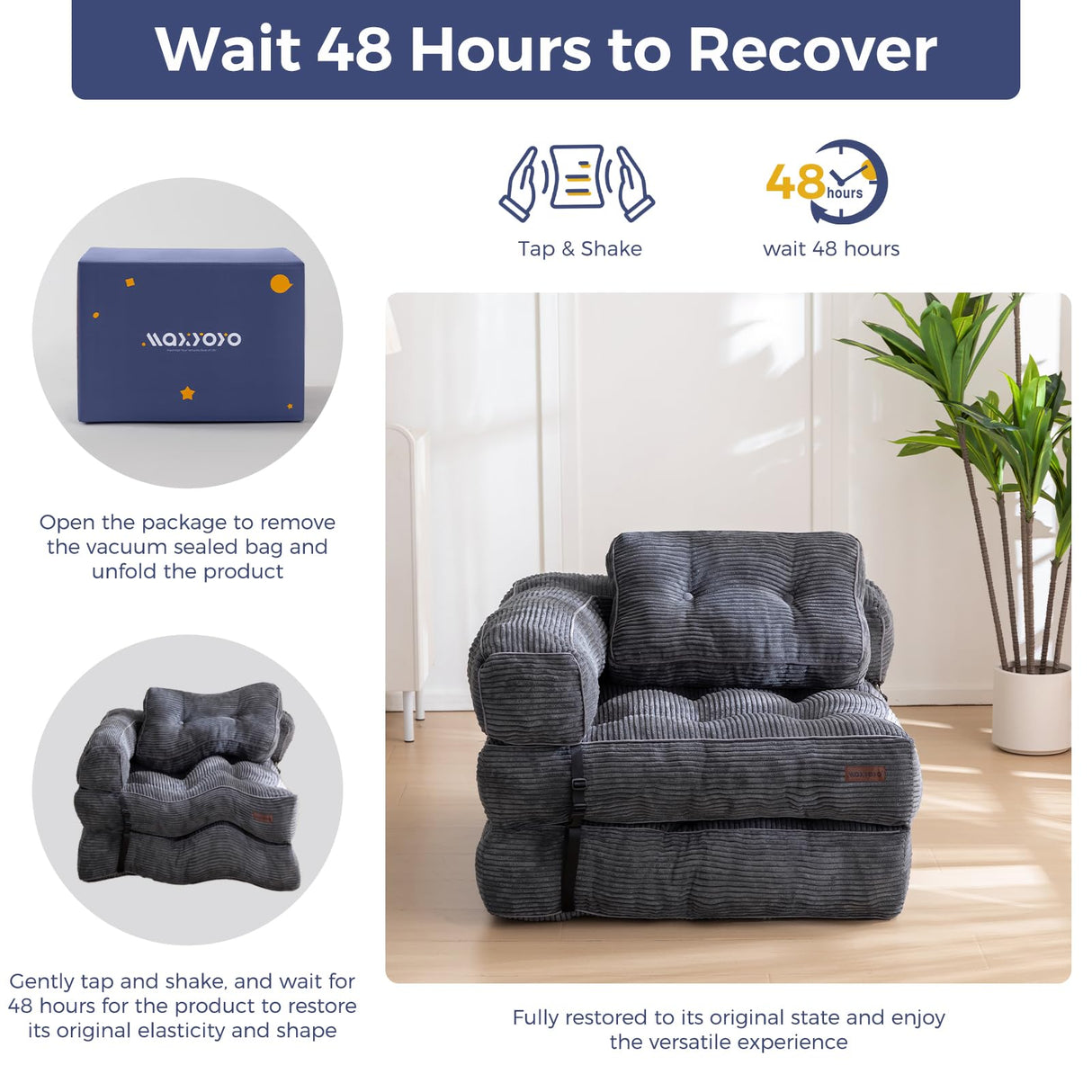 MAXYOYO Folding Sofa Bed, L-Shaped Convertible Sofa Bed with Armrest Foldable Sleeper Sofa with Pillow, Portable Fold Out Chair Bed Comfy Floor Sofa Lounge for Living Room Bedroom, Dark Grey MAXYOYO