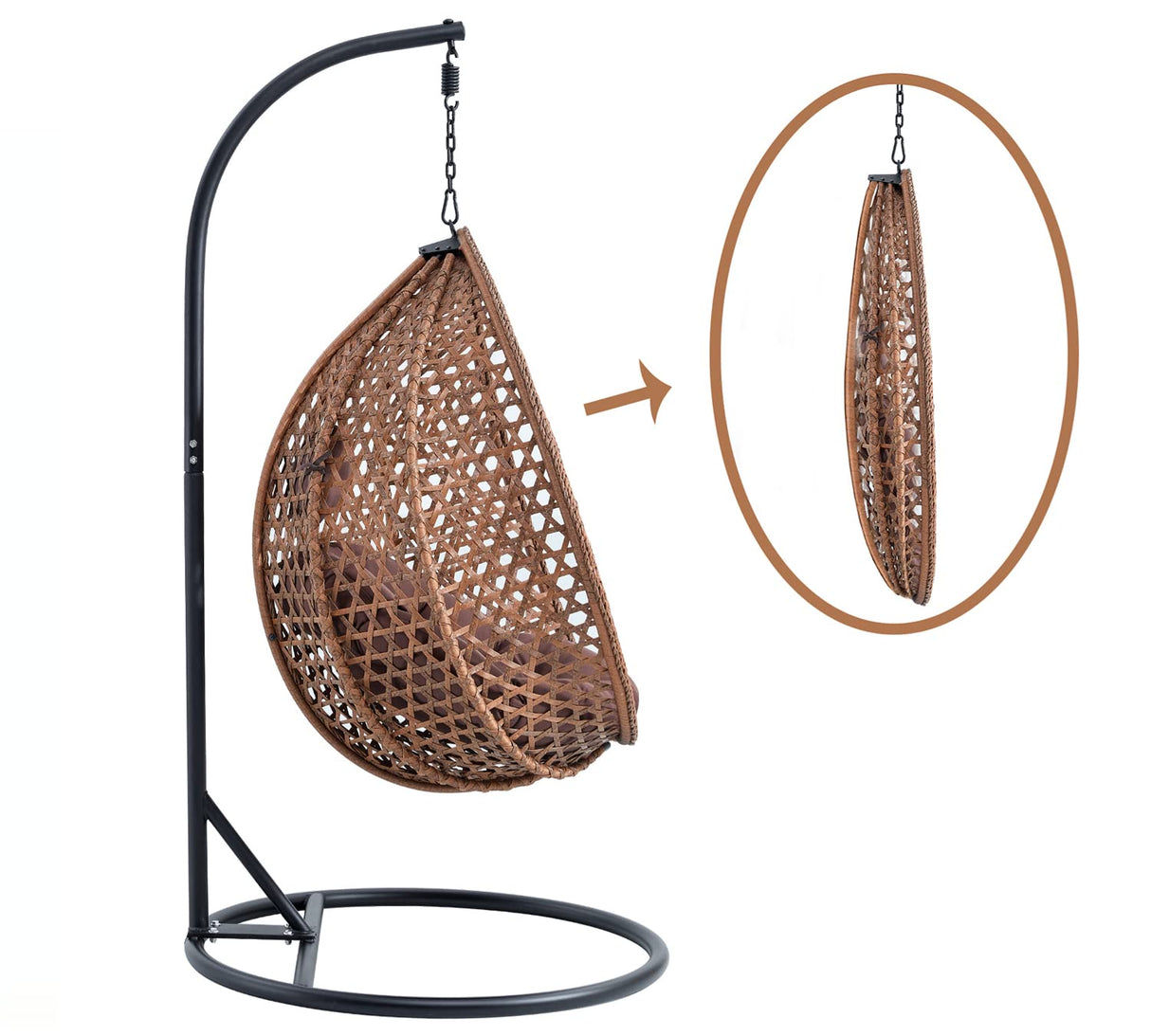 YWUFUART Hanging Egg Chair Outdoor,Rattan Swing Chair with Foldable Basket,Hammock Chair with Metal Stand,Lounge Chair for Garden Backyard,Brown YWUFUART