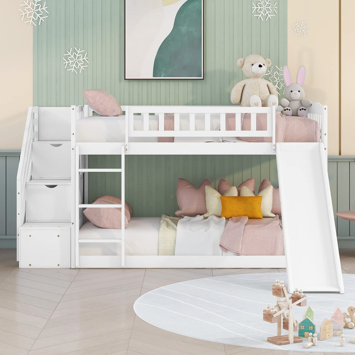 Bunk Beds with Slide Twin Over Twin Low Bunk Bed Frame with Storage Drawers Stairway Wood Bunk Bed for Kids Boys Girls, White Bellemave