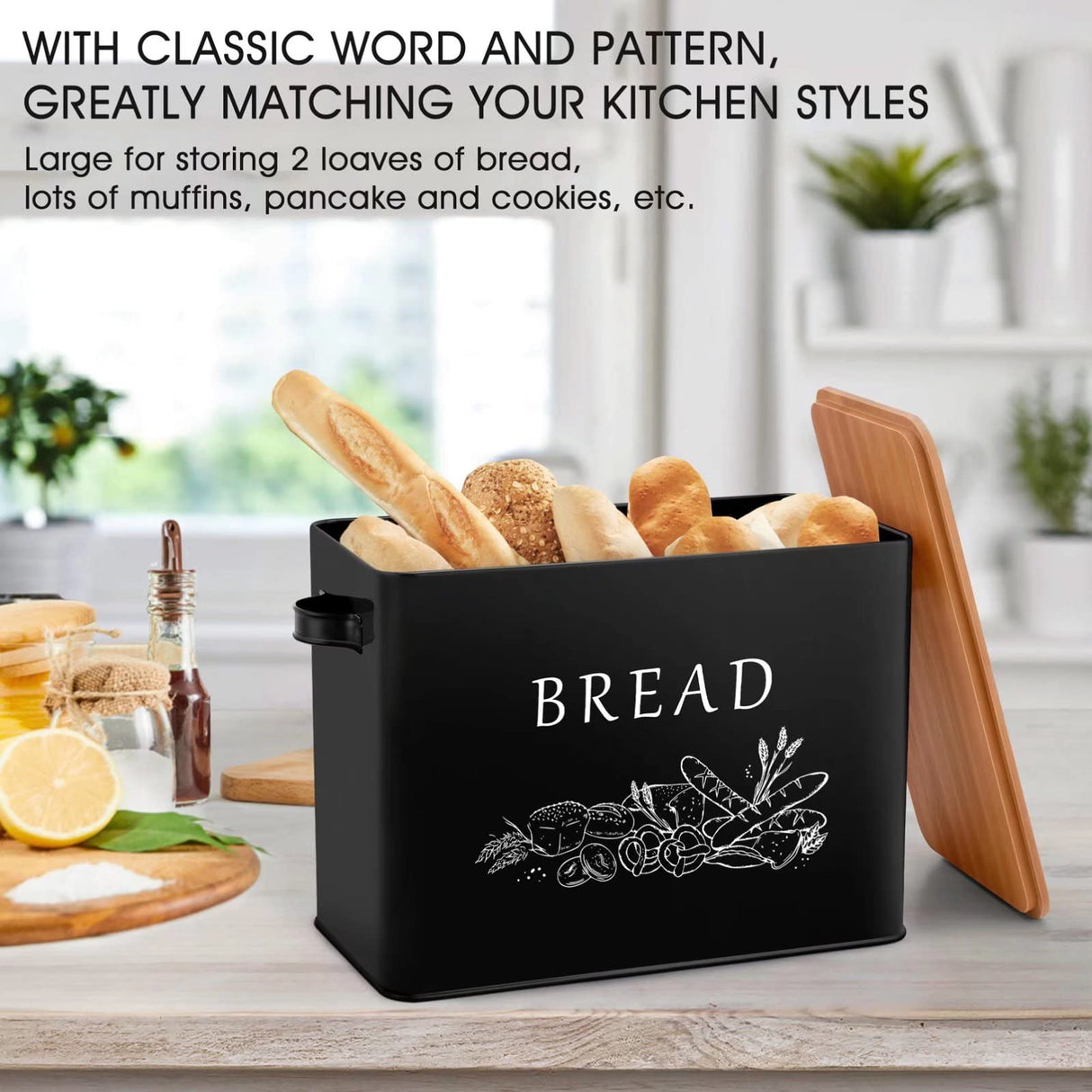 TeamFar Bread Box with Wooden Lid, 13.1” x 7.2” x 9.7” Metal Bread Container Storage Holder for Family Farmhouse Kitchen Countertop, Powder-Coated & Healthy, Large Capacity & Classic Pattern (Black) TeamFar