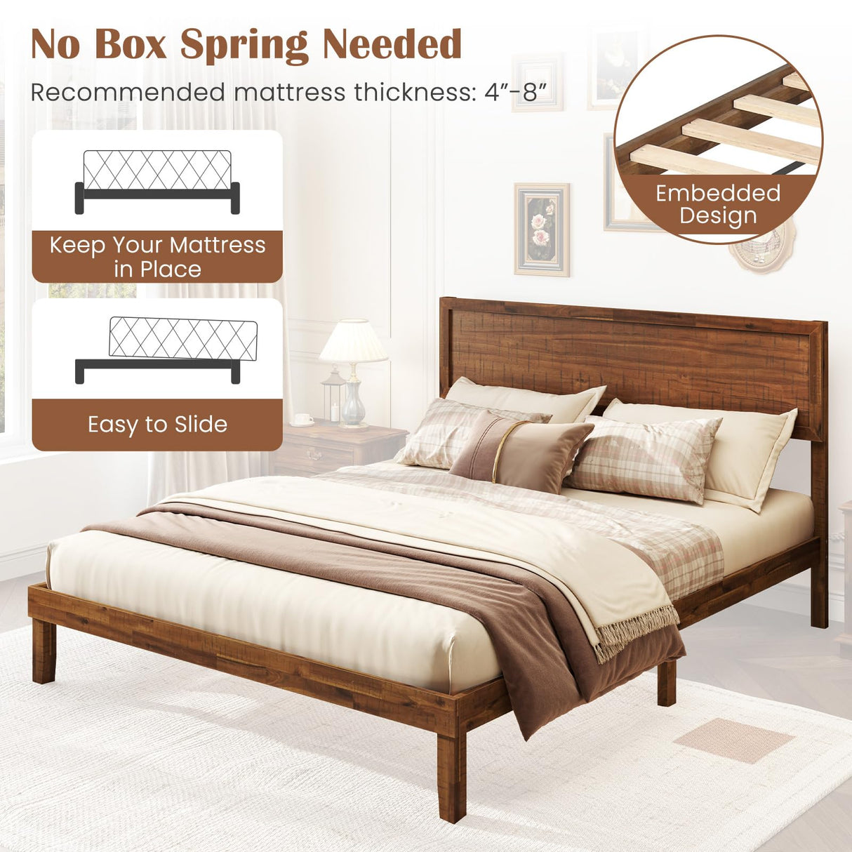 Giantex Wood Queen Bed Frame with Headboard, Mid Century Modern Platform Bed Queen Size with Solid Wood Legs & Wooden Slat Support, Easy Assembly, No Box Spring Needed, Walnut Giantex