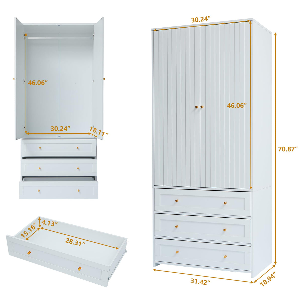 PHOYAL Wardrobe Closet Armoire, 71 "Wardrobe Armoire Wooden Closet with 4 Doors, 6 Drawers Household Freestanding Wooden Closet Storage Cabinet for Bedroom, White - 2 PHOYAL