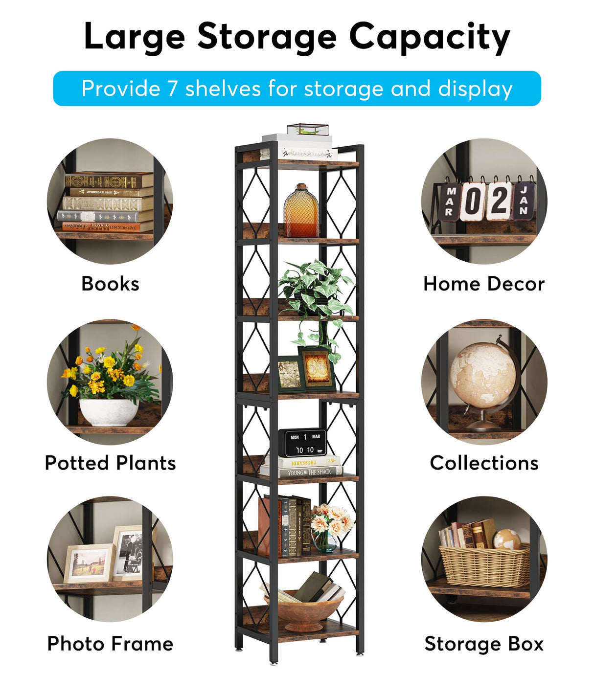 Tribesigns Tall 7-Tier Narrow Bookshelf for Small Spaces - Rustic Brown Freestanding Storage Organizer Tribesigns