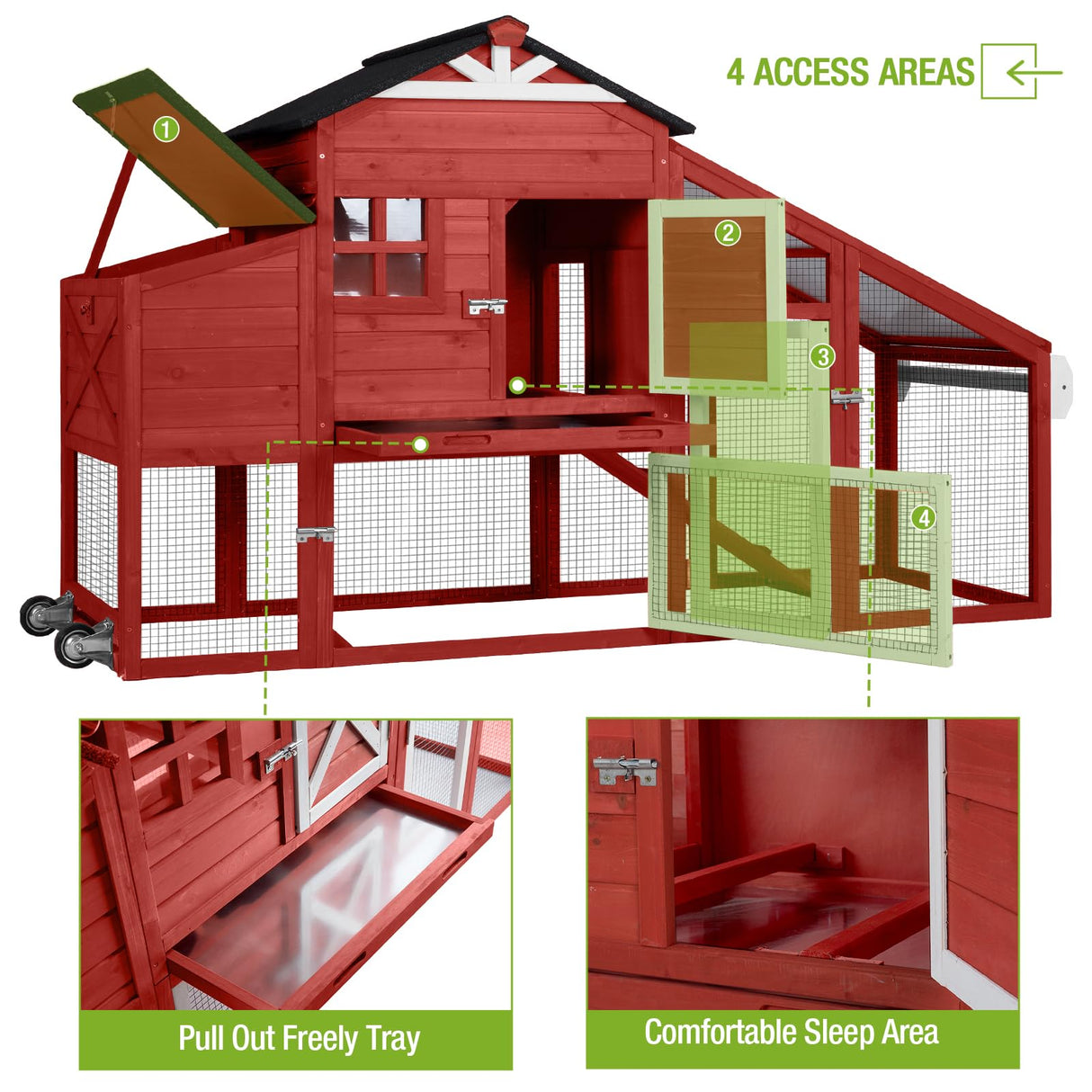 GUTINNEEN Chicken Coop Outdoor Wooden Hen House 65" with Large Nesting Box, Poultry Cage with Removable Tray,UV Proof Roof red GUTINNEEN