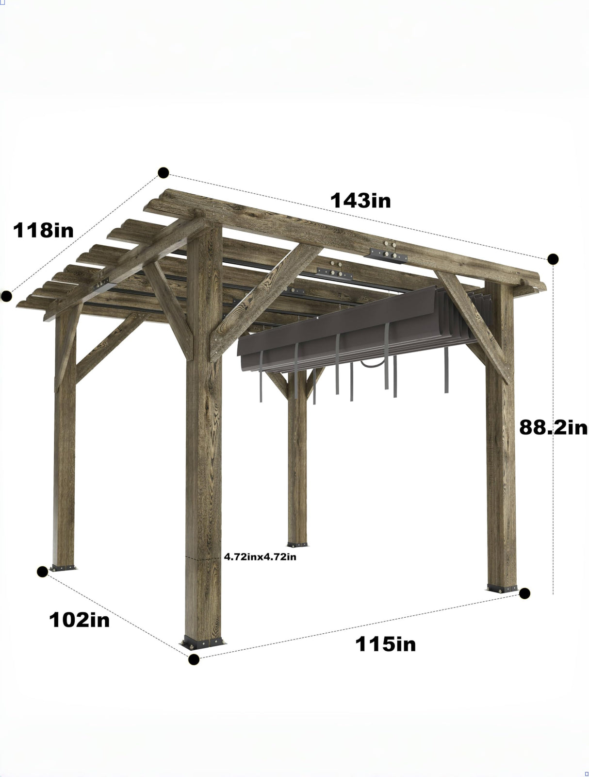 KYBOLT 10 X 12 Ft Wood Pergola with Retractable Sunshade Canopy, Solid Structure, Outdoor Pergola for Deck, Garden, Backyard - Charcoal Gray KYBOLT