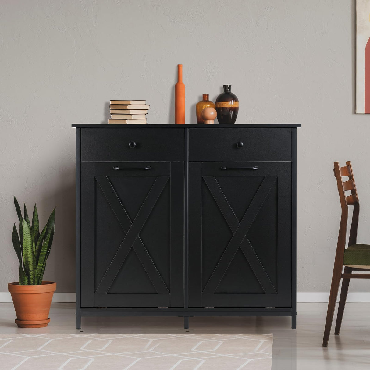 Arlopu Double Tilt Out Trash Cabinet, 20 Gallon Pet Proof Kitchen Pull Out Recycle Cabinet, Freestanding Wooden Laundry Sorter Cabinet, W/Drawer, Barn Door, for Home, Living Room, (Black) Arlopu