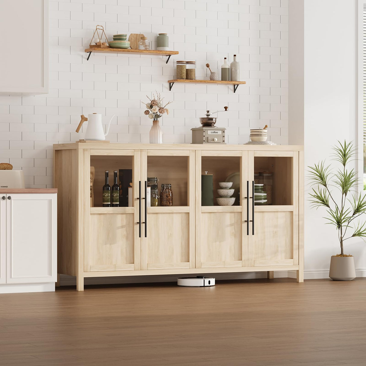 GarveeHome Sideboard Buffet Cabinet with 4 Glass Doors, 55" Large Buffet Cabinet with Storage, Modern Farmhouse Storage Cabinet Table for Kitchen Dining Room, Living Room(Glass with 4 Door, Pear Wood) GarveeHome