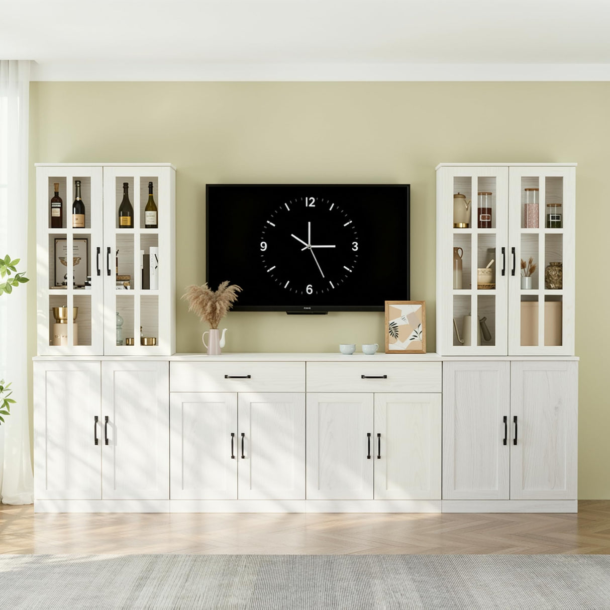 VOWNER 95" TV Stand for TVs up to 75", 4-Piece TV Hutch with Cabinets, Entertainment Center with Bookshelves, Modular TV Console for Living Room, 2D+2F (White) VOWNER