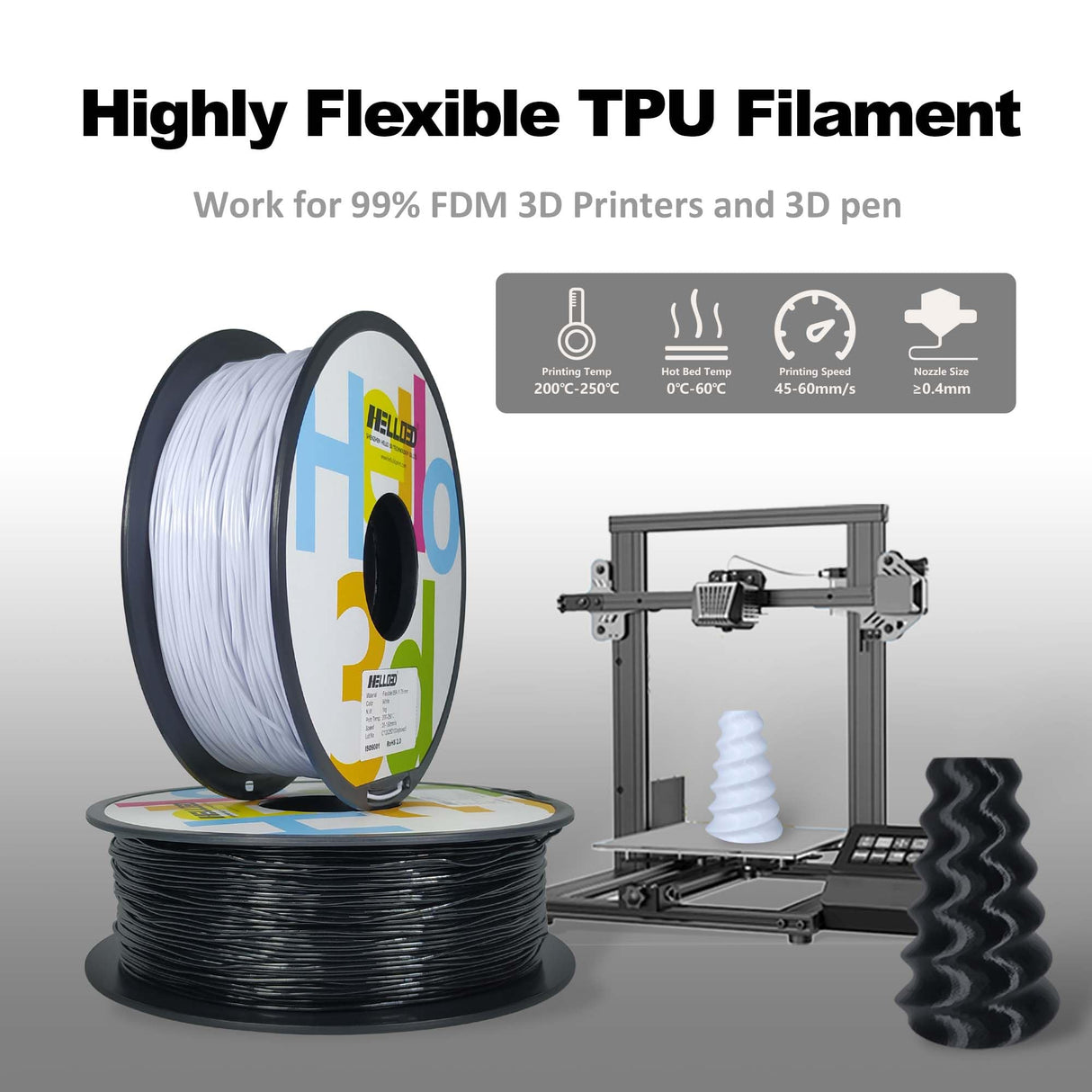 HEllO3D TPU Filament 1.75mm Flexible 3D Printer Filament,85A Soft 3D Printer Filament,TPU Elastomer 3D Filament,Vacuum Packed,Dimensional Accuracy +/- 0.05mm,1Kg Spool (1KG)(Black) HELLO3D
