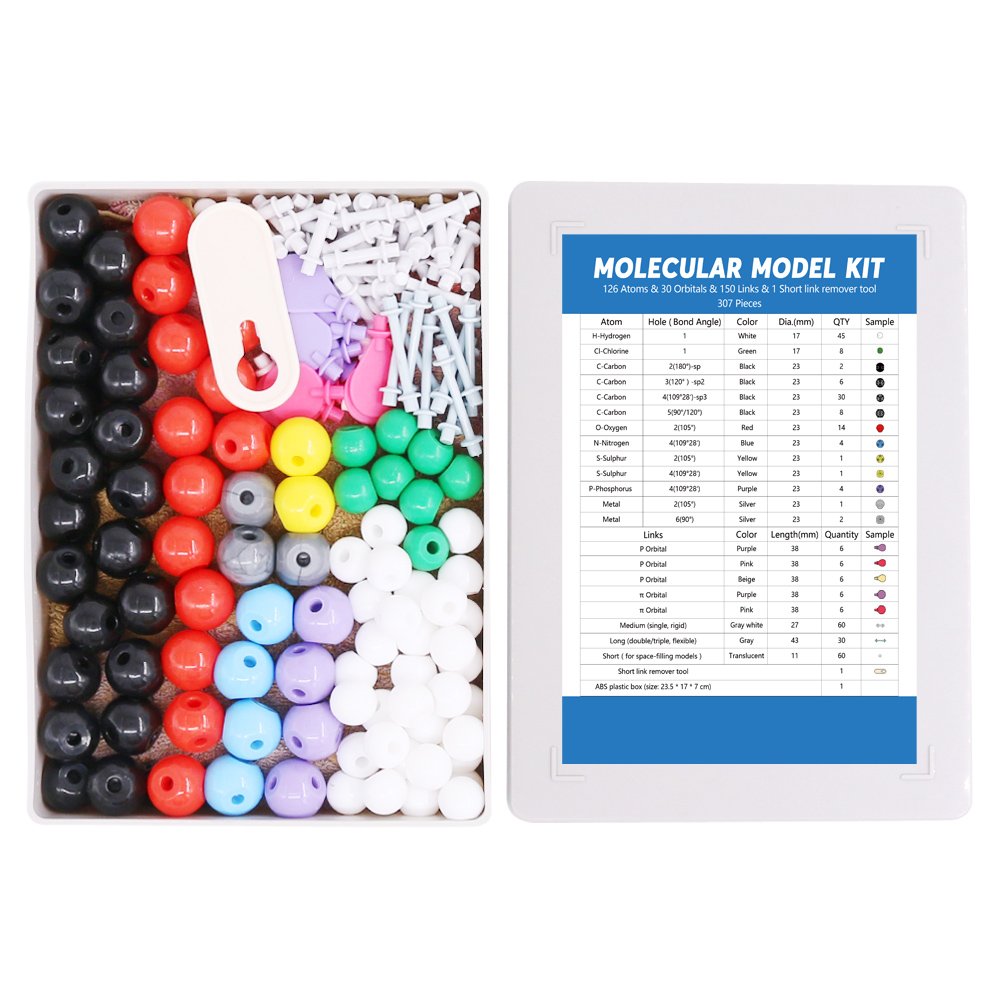 Swpeet 307 Pcs Molecular Model Kit for Organic and Inorganic Chemistry - Chemistry Molecular Model Student and Teacher Set - 126 Atoms & 30 Orbitals & 150 Links & 1 Short Link Remover Tool Swpeet