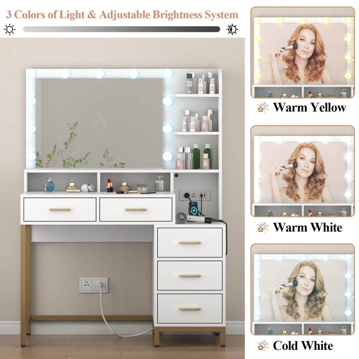 Loomie Vanity Desk with Lighted Mirror & Power Outlet, Makeup Table with 5 Drawers, Two Cubby & Shelf, Vanity Dresser with 11 Lights in 3 Lighting Colors for Bathroom, Bedroom,Makeup Room,White Loomie