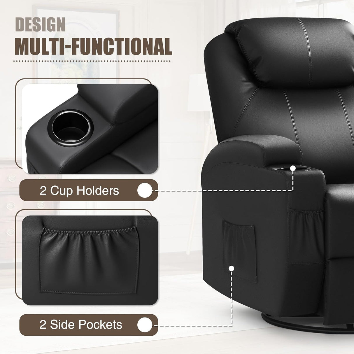 JUMMICO Recliner Chair, Rocking Massage Chairs, Home Reclining Sofa Chair, PU Leather, Ergonomic Living Room Chair with Cup Holders, Remote Control (Black) JUMMICO