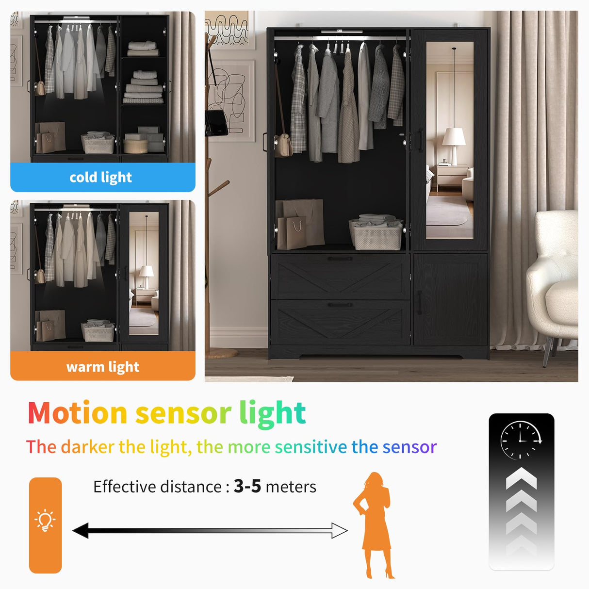 Armoire Wardrobe Closet, 72'' Wardrobe Cabinet with 2 Drawers & Mirror, 3 Doors Bedroom Clothes Closet with Hanging Rod & Built-in Light, Wooden Wardrobe Cabinet with Adjustable Shelf for Bedroom Rumiiro