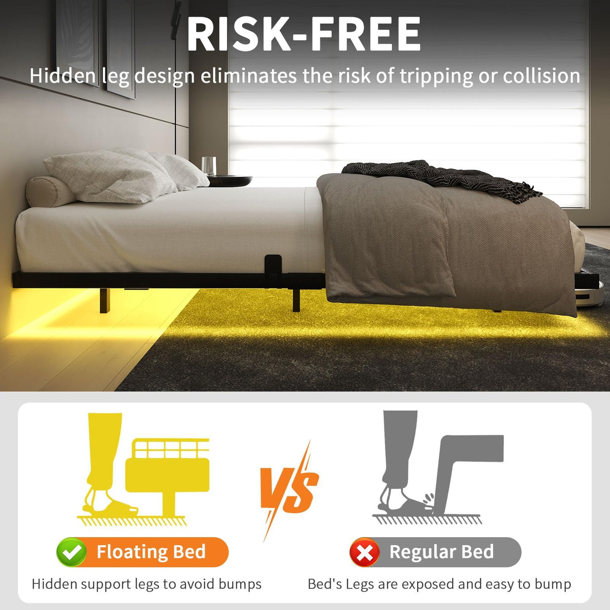 HOMBCK Floating Bed Frame Queen with LED Lights, Modern Metal Platform Bed Frame Queen Size, Heavy Duty Steel Slats Support, No Box Spring Needed, Noise Free, Easy Assembly, Black HOMBCK