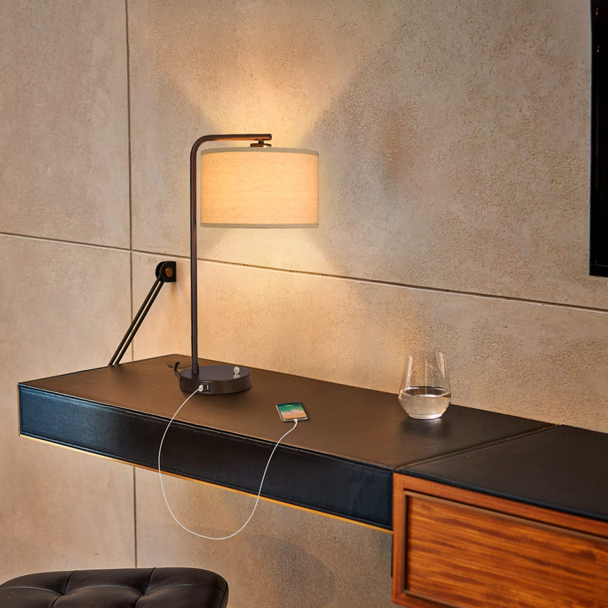 Side Table Lamp with Dual USB Ports, Dimmable Bedside Lamp Modern Nightstand Lamp Desk Reading Lamp with Linen Lampshade for Bedroom, Living Room, Study Room, Office, 9W 3000K LED Bulb Included Seaside village