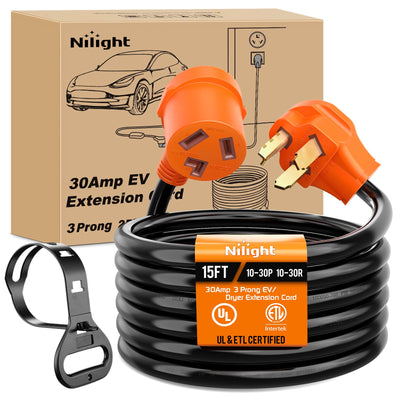 Nilight 15FT EV Dryer Extension Cord 3 Prong 30 Amp NEMA 10-30P 10-30R Old Dryer Extension Cable Heavy Duty 10 Gauge Pure Copper Wire UL Listed 125/250V for Level 2 EV Charging