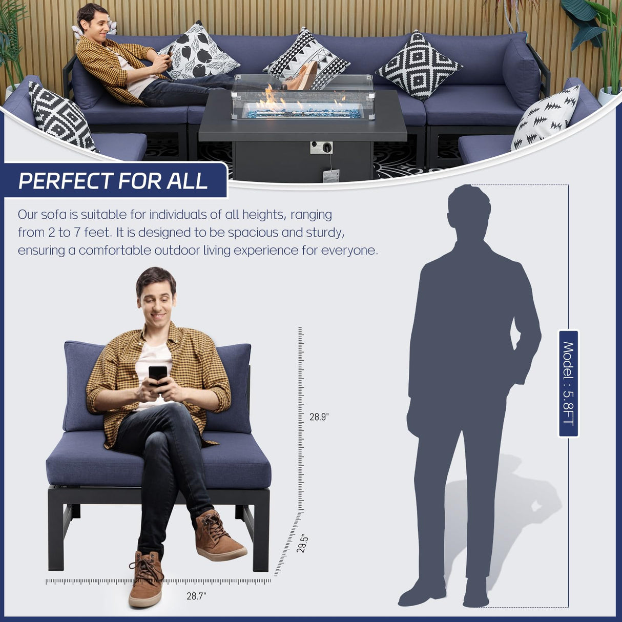 BULEXYARD 8 Seat Minimalist Aluminum Patio Sectional Seating with Fire Pit, 500 lbs Heavy Duty Outdoor Furniture Set, 29" Deep Wide Oversized Seating U Shaped Conversation Couch for Garden, Denim Blue BULEXYARD