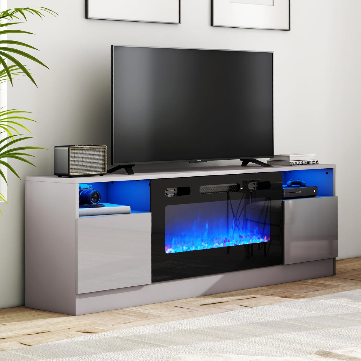 AMERLIFE TV Stand with Fireplace, LED Light Entertainment Center with 36" Electric Fireplace, 70" Modern Wood Entertainment Stand with Highlight Storage Cabinet for TVs up to 80", Grey AMERLIFE