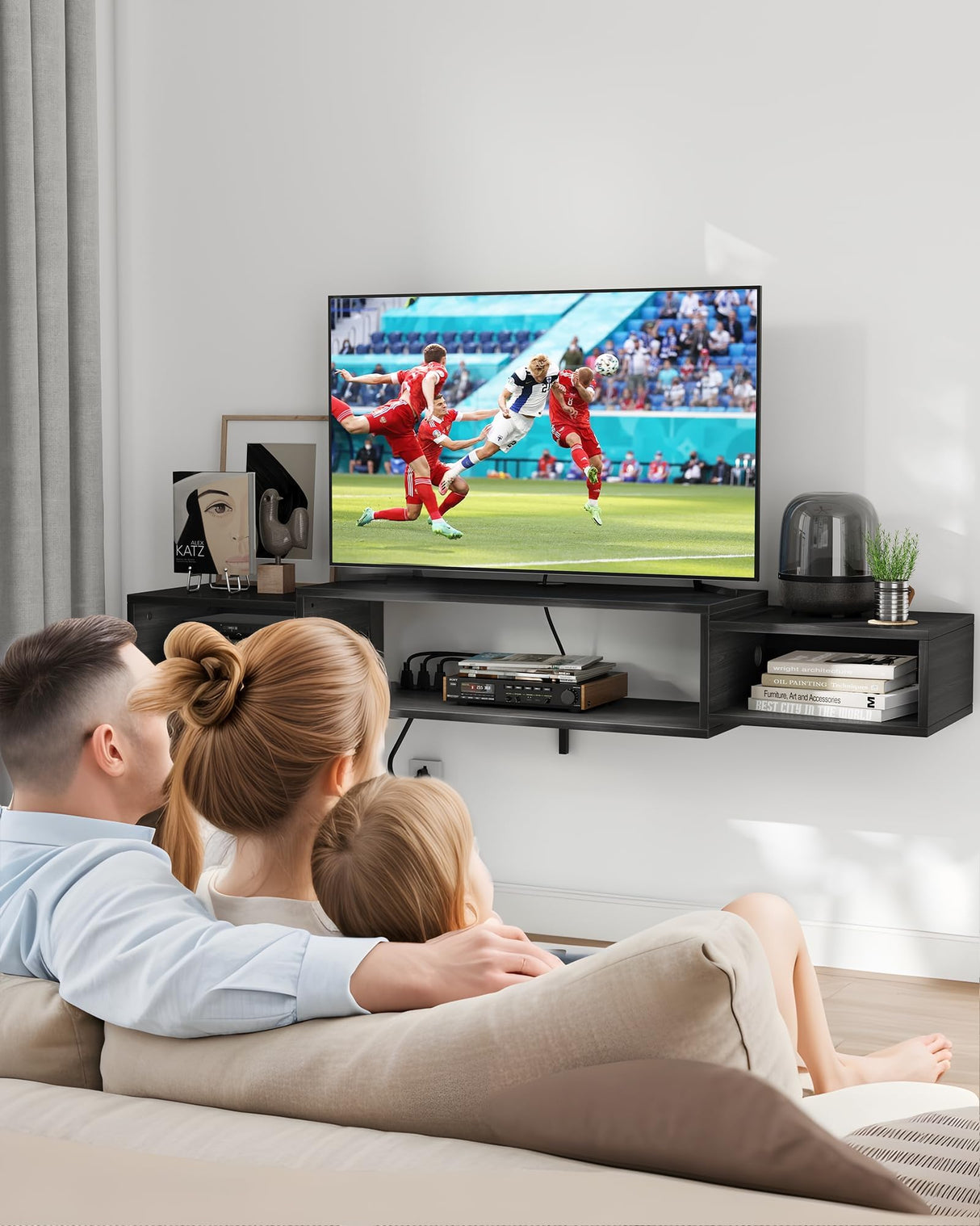 Vicodabo 55" Wall Mounted TV Cabinet with Power Outlet, Floating Wood Media Console for Audio, Video, Game Console, Modern Entertainment Center for Living Room & Bedroom, Black Vicodabo