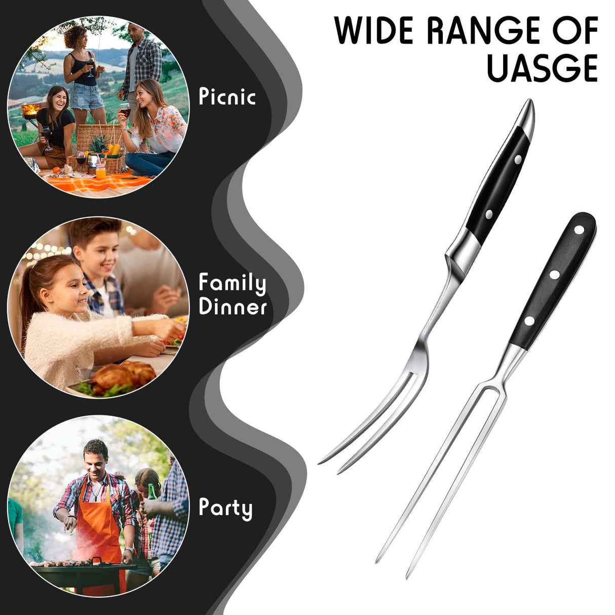 Chengu Carving Fork Meat Fork 2 Pieces Stainless Steel Serving Fork Cooking Fork with Wood Handle Classic Grill Fork with ABS Handle Xmas Black Kitchen Forks Barbecue BBQ Fork Carving Set, 12 Inch CHENGU