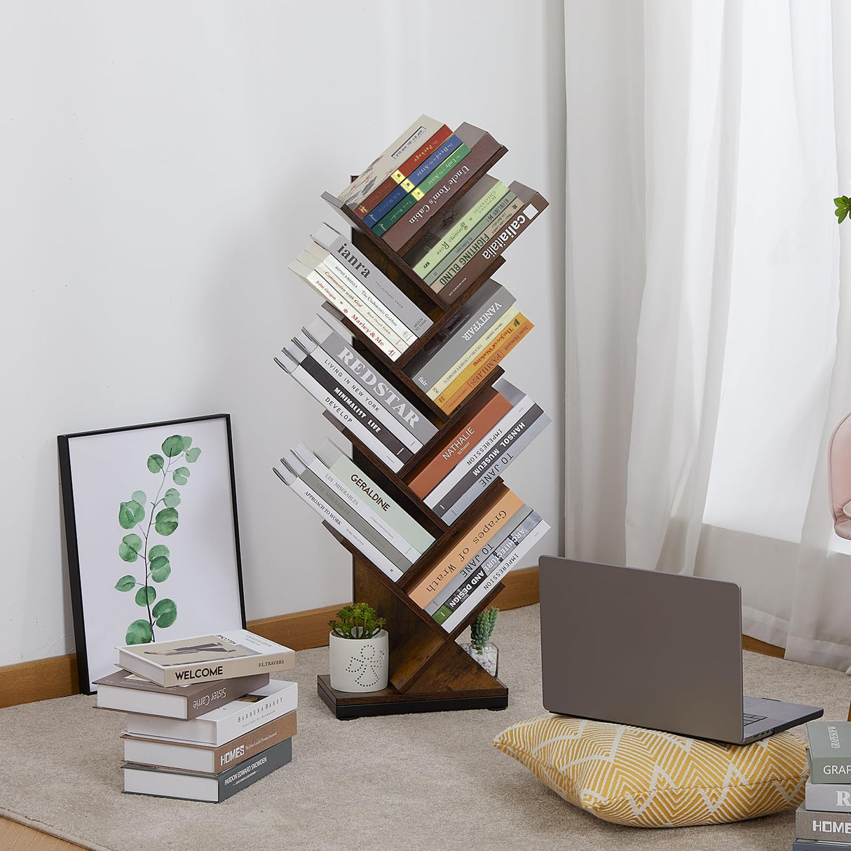 ruboka 8 Tier Tree Bookshelf,8 Shelf Floor Standing Bookcase Display for CDs/Magazine/Books, Retro Bookshelf for Bedroom, Living Room, Office,Balcony,Book Organizer Storage Shelves ruboka