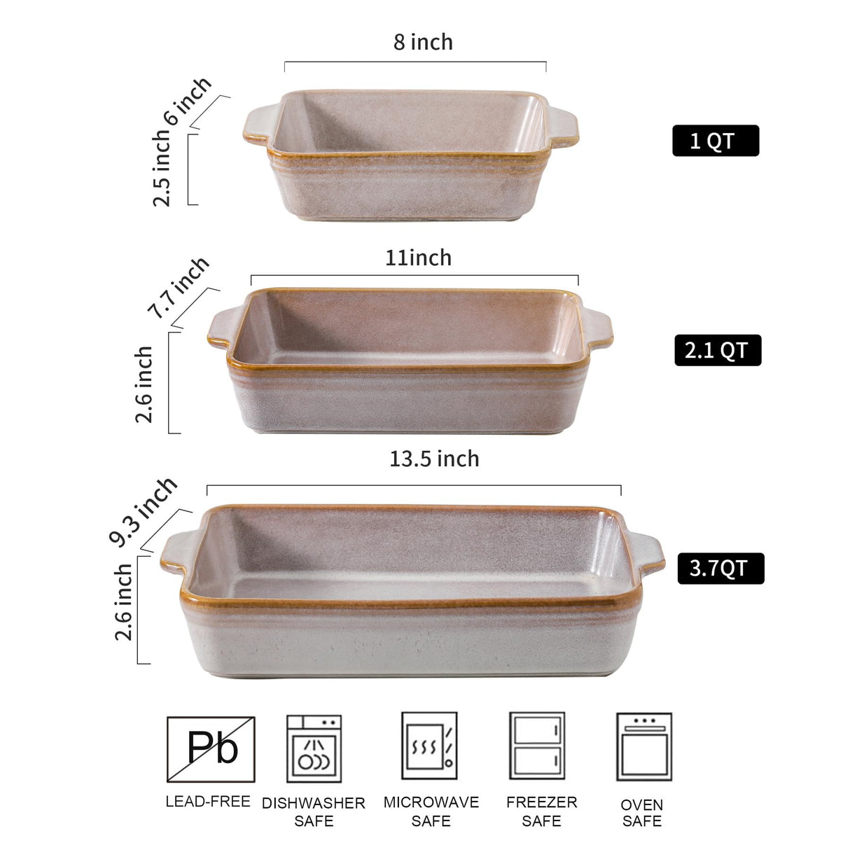 HVH 9x13 Baking Dish Set, Large Casserole Dishes for Oven, Ceramic Bakeware Set of 3, Baking Dishes for Casseroles 13 x 9, Rectangular Lasagne Pan Deep for Baking (Sand Color) HVH