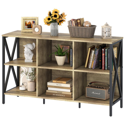 Horizontal Bookshelf Bookcase,6 Cube Storage Organizer with Open Shelf,47 Inch Industrial Low Wide Wood and Metal Cubby shelf,Long shelving unit for Home Office Living Room(Rustic Oak,6 Cube)