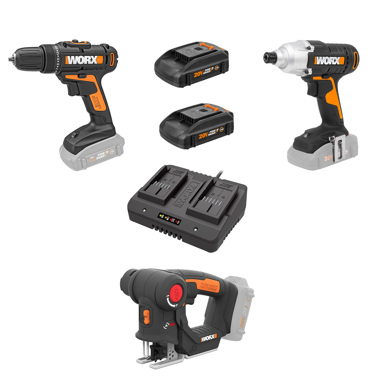 WORX 20V Cordless Drill Driver,Impact Driver and Reciprocating Saw,WX911L Power Tool Combo Kit ,2 * 2.0Ah Batteries & Charger Included WORX