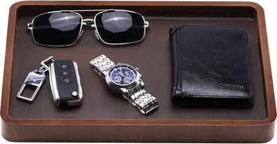 ProCase Wooden Valet Tray for Men, Wood Catch-All EDC Organizer, Nightstand, Entryway Bedside Dump Holder, for Wallets, Keys, Watches, Phones, Loose Change, Trinkets -DarkBrown