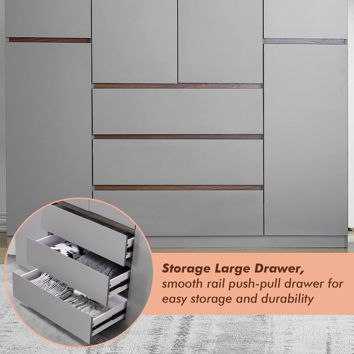 GraceGrove 4-Door Wooden Gray Armoire Wardrobe Closet with 3 Drawers for Bedroom Storage Wardrobe Closet Wood with Hanging Rod with Large Storage Wardrobe with Drawers 63" L x 20.3" W x 72" H GraceGrove