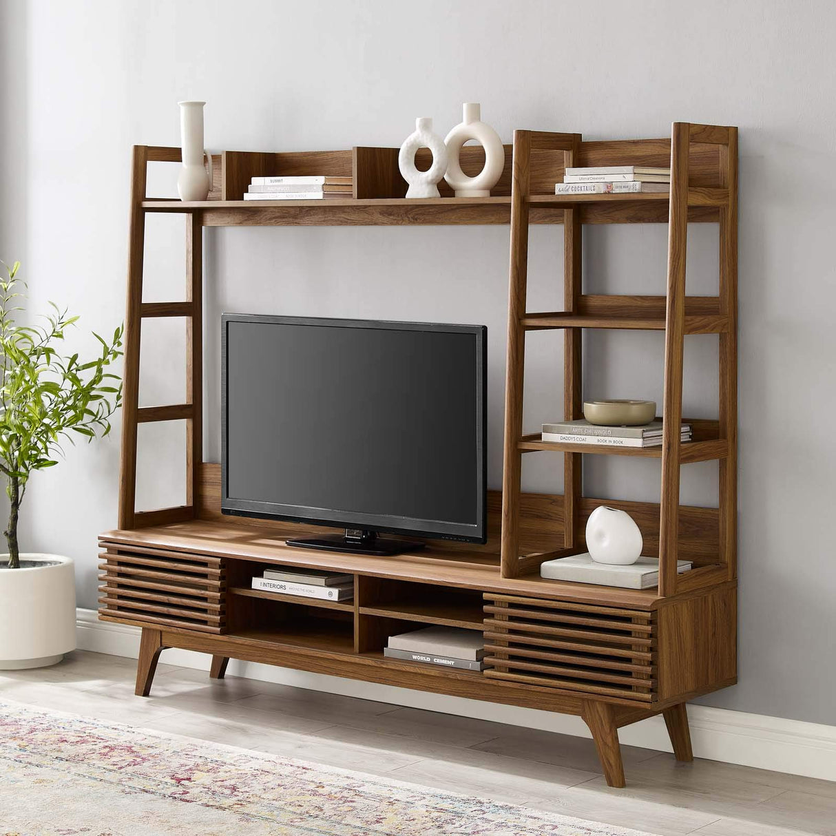 Modway Render Mid-Century Modern TV Stand Entertainment Center, 70", Walnut Modway