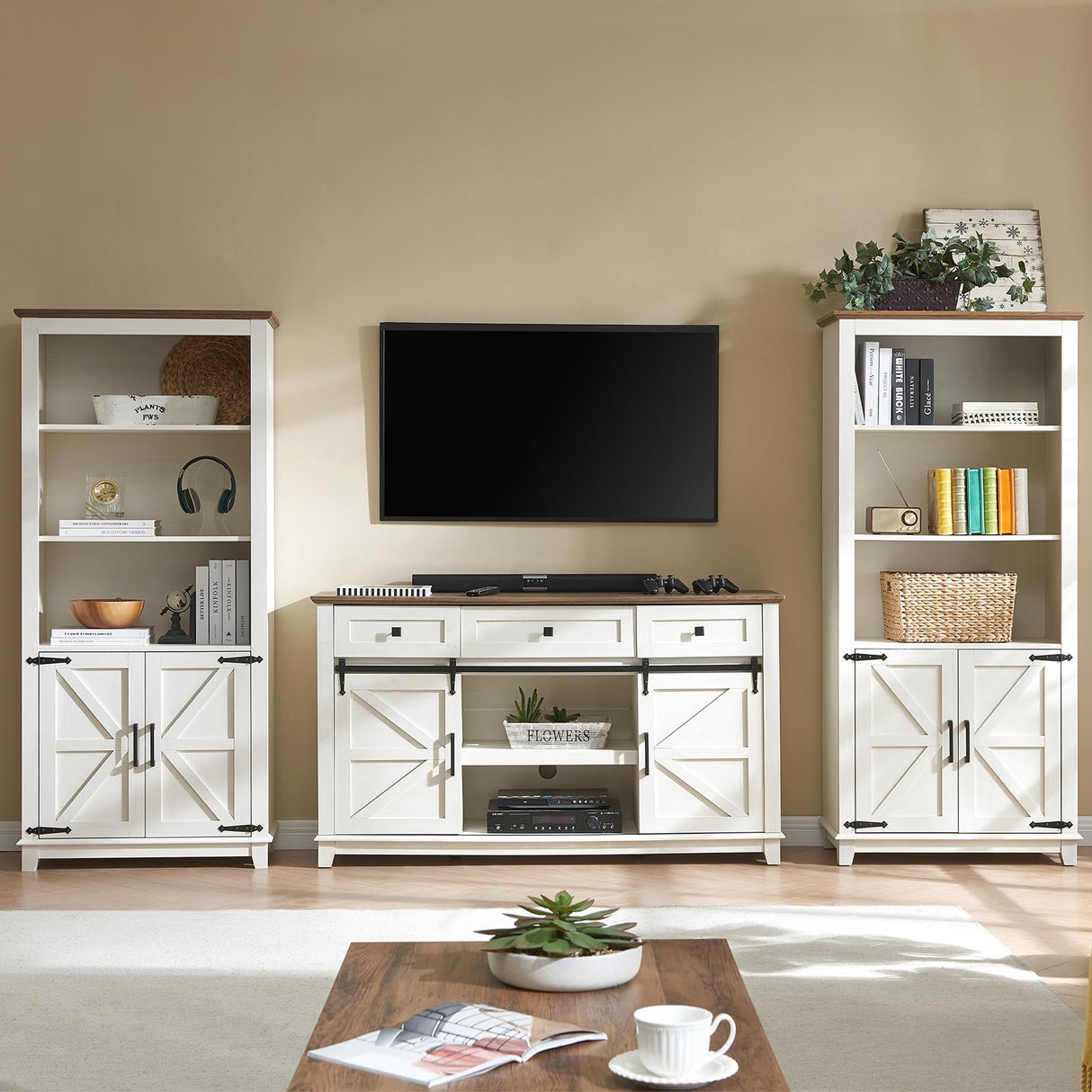 AMERLIFE TV Stand with Set of 2 Bookcases, Farmhouse Entertainment Center for 65 Inch Television with Sliding Barn Doors & Storage Drawers, for Living Room, Bedroom, Rustic White AMERLIFE