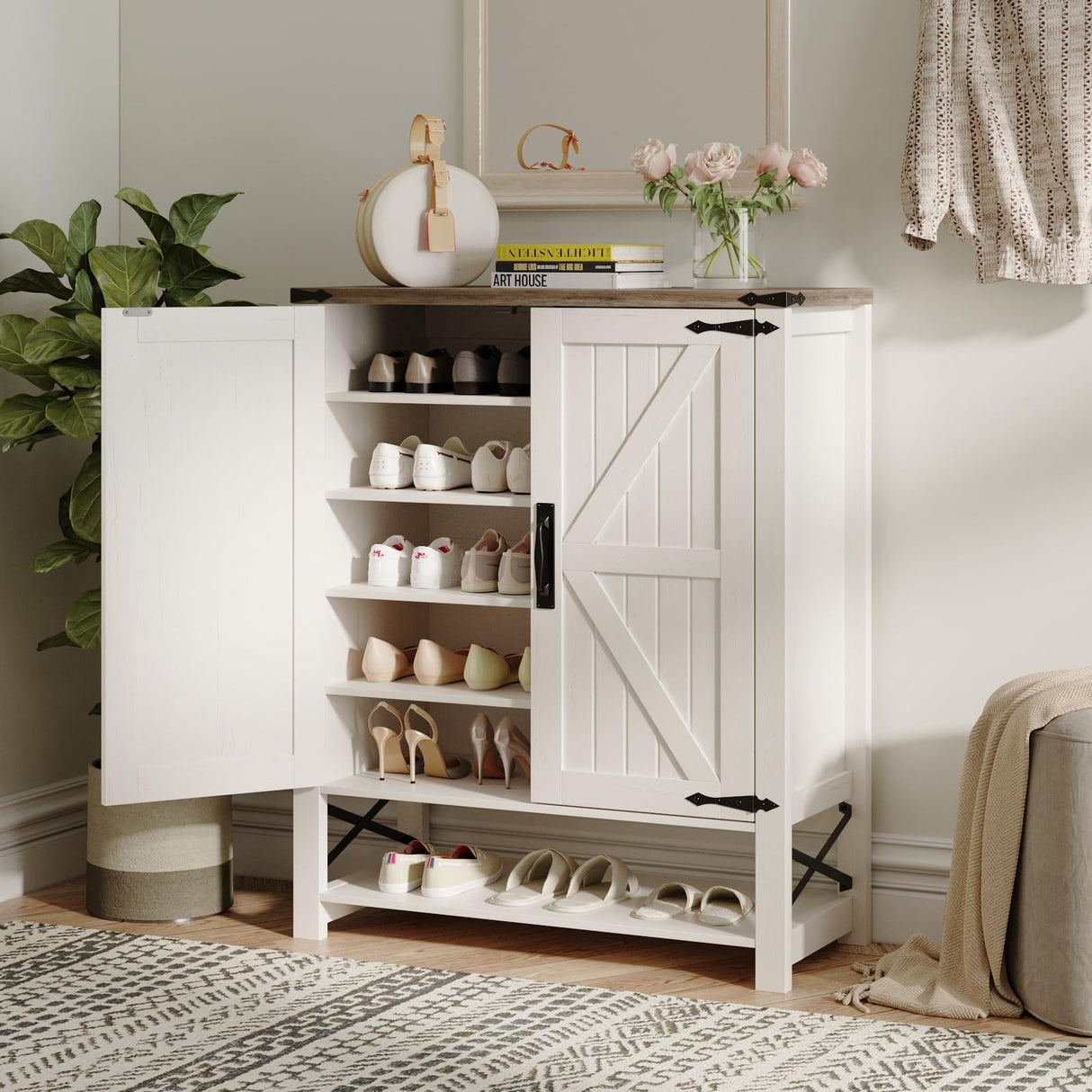 Maupvit Shoe Cabinet with Doors, 6-Tier Farmhouse Shoe Storage Cabinet with Adjustable Shelves, Shoe Shelf, Wooden Shoe Rack Organizer Cabinet for Entryway, Foyer, Hallway, Living Room, White Maupvit